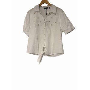 Badgley Mischka White Button-Down Shirt with Tie Front Size Medium NWT
